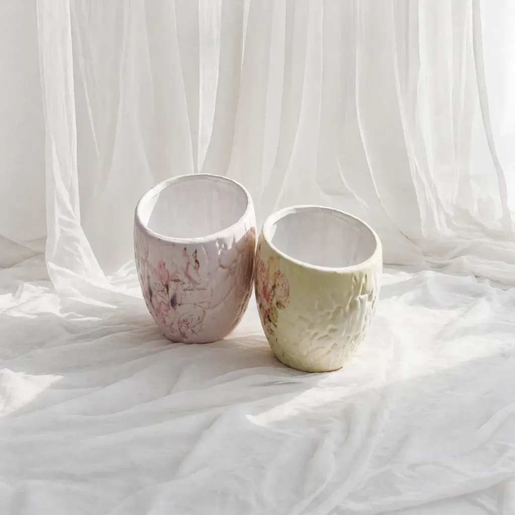 Textured Floral Ceramic Planter Set