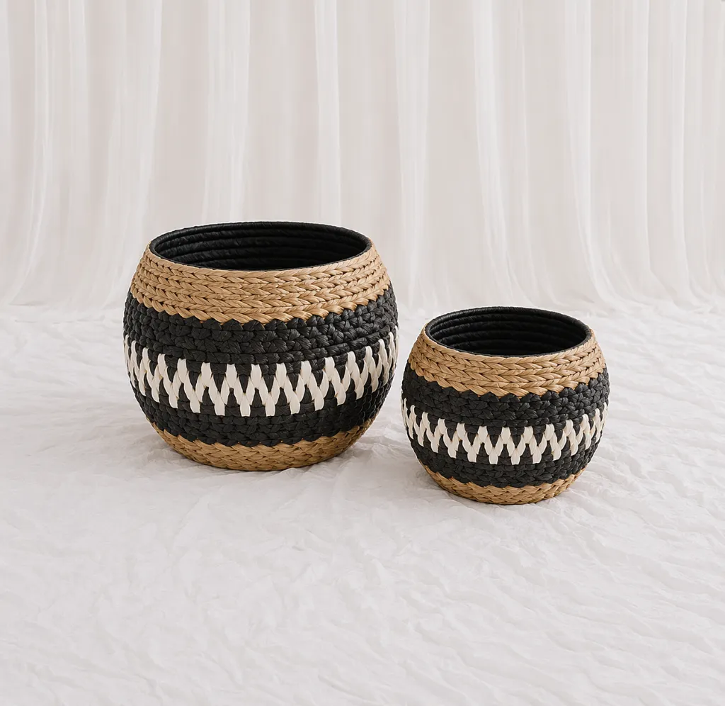 [RB-397-M] Black & Natural Pattern Woven Basket (M)